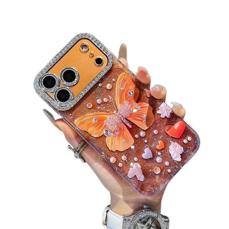 iPhone 15 Plus Acrylic Protective TPU + for iPhone 15 15 Plus 15 Pro 15 Pro Max with Crystal Rhinestone and Orange Butterfly Pattern and Full - Image 4