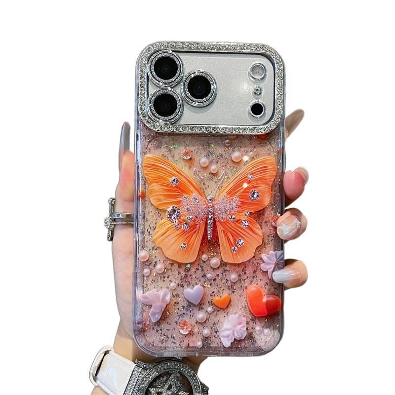 iPhone 15 Plus Acrylic Protective TPU + for iPhone 15 15 Plus 15 Pro 15 Pro Max with Crystal Rhinestone and Orange Butterfly Pattern and Full - Image 2