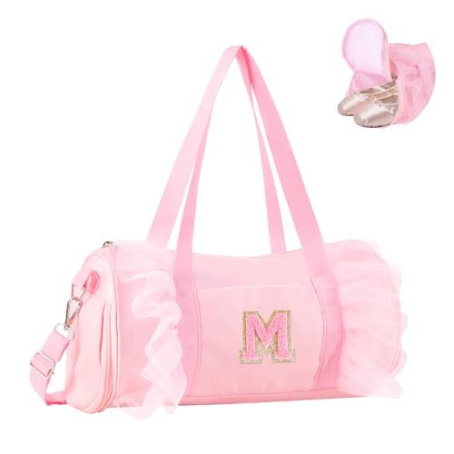 Iqimott Personalized Initial Dance Bag for Girls 4-6, Small Lace Gym Sport Yoga Cheer Dance Bags Gift for Teen Girls, Cute Letter Kids Ballet Bag Toddler Travel Duffel Tote with Adjustable Straps(Pink-M) - Image 1