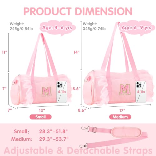Iqimott Personalized Initial Dance Bag for Girls 4-6, Small Lace Gym Sport Yoga Cheer Dance Bags Gift for Teen Girls, Cute Letter Kids Ballet Bag Toddler Travel Duffel Tote with Adjustable Straps(Pink-M) - Image 2