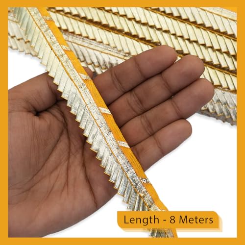 Embroiderymaterial شريط قماش مطرز ذهبي من قماش غوتا باتي لحدود الساري، الفساتين، الدوباتا، البلوزة، الكورتا، التطريز والخياطة (أصفر وذهبي، 8 أمتار، 2.4 سم عرض) - Image 3
