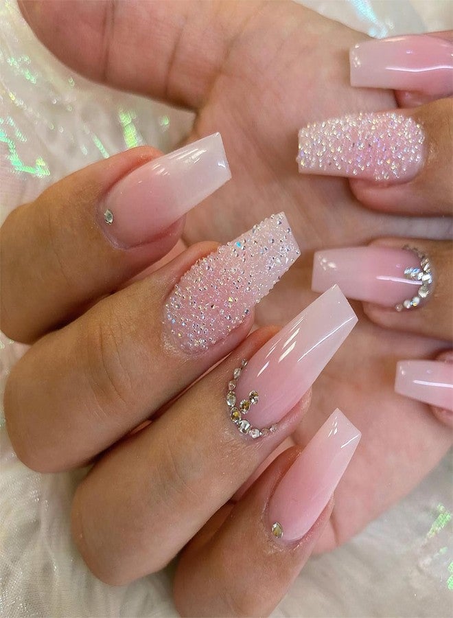 Jremg Pink Press On Nails - Long Square Coffin Fake Nails, Pink White Ombre, Full Cover Acrylic, Glossy Gradient False Nails with Design Rhinestone, Stick On Nails for Women Girls Manicure, 24Pcs - Image 1