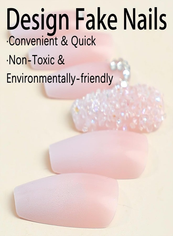 Jremg Pink Press On Nails - Long Square Coffin Fake Nails, Pink White Ombre, Full Cover Acrylic, Glossy Gradient False Nails with Design Rhinestone, Stick On Nails for Women Girls Manicure, 24Pcs - Image 2