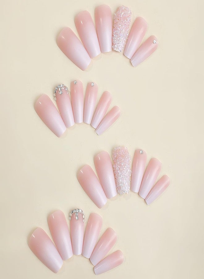 Jremg Pink Press On Nails - Long Square Coffin Fake Nails, Pink White Ombre, Full Cover Acrylic, Glossy Gradient False Nails with Design Rhinestone, Stick On Nails for Women Girls Manicure, 24Pcs - Image 4