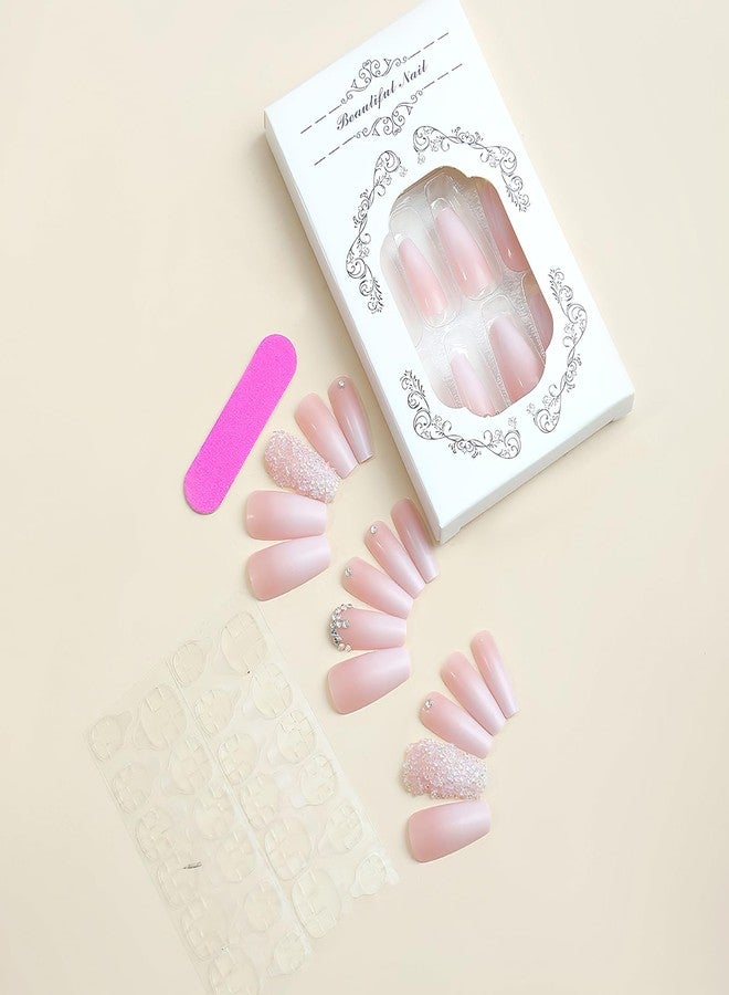 Jremg Pink Press On Nails - Long Square Coffin Fake Nails, Pink White Ombre, Full Cover Acrylic, Glossy Gradient False Nails with Design Rhinestone, Stick On Nails for Women Girls Manicure, 24Pcs - Image 3