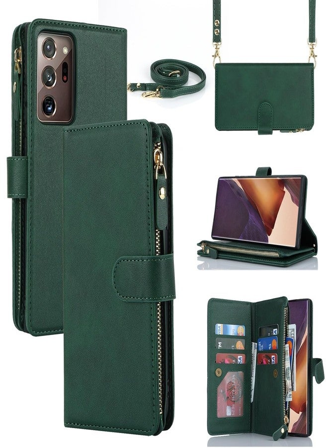 iCoverCase for Samsung Galaxy Note 20 Ultra Wallet Case with Card Holder for Women, Crossbody Lanyard Strap Kickstand PU Leather Case with Zipper Pocket Credit Card Slots Cover (Green) - Image 1