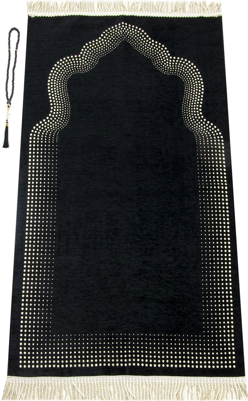 İhvan Ihvan Mihrab Patterned Plain Chenille Prayer Rug Black