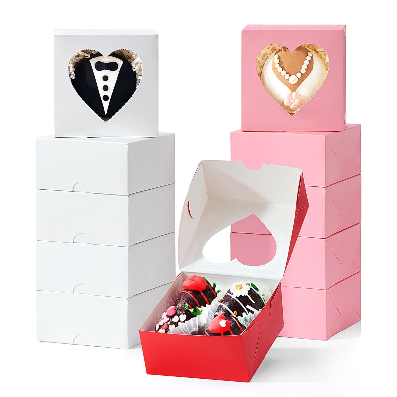 SLShePack 24Pack 4x4x2Inches Bakery Treat boxes with Heart Shaped Window Cookies Boxes Mini Baking Boxes for Cake Pie Cinnamon Roll Treat Chocolate Truffle Valentine's Day Favor - Image 1
