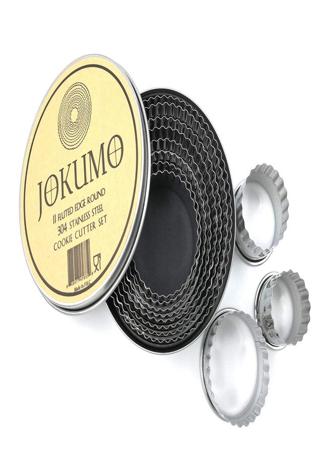 JOKUMO 11 Piece Graduated Sizes Fluted Edge Round Pastry/Cookie Cutter Set Heavy Duty 18/8 304 Stainless Steel - Metal Engrave Size -Tin Storage Box for Scones, Pastries, Baking, Desserts, Muffins, - Image 1