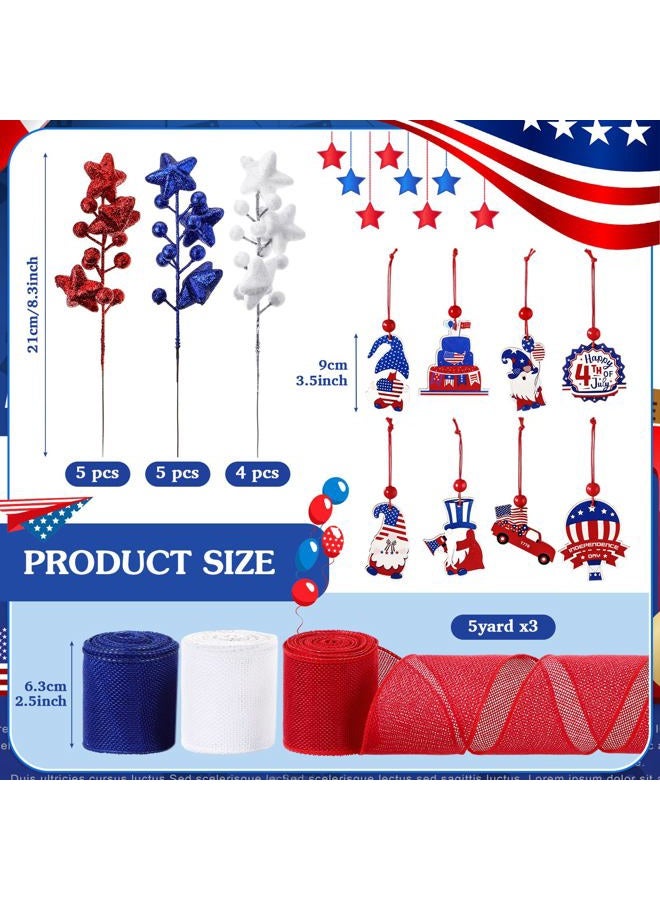 Halfchet 43 Pcs Independence Day Tree Decorations Tree Ornaments Independence Day Tree Topper Bow Star Ribbon Ball Tree Picks Hanging Ornaments for Home Table Tree Party - Image 3