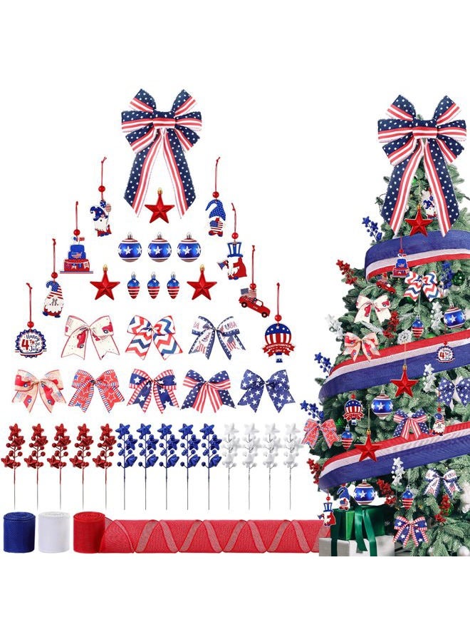 Halfchet 43 Pcs Independence Day Tree Decorations Tree Ornaments Independence Day Tree Topper Bow Star Ribbon Ball Tree Picks Hanging Ornaments for Home Table Tree Party - Image 1