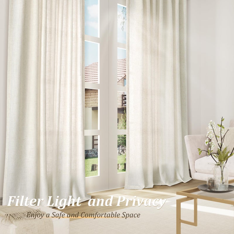 Guken Natural Cream Linen Curtains 84 inches Long for Living Room Bedroom 1 Panel Back Tab Privacy Semi Sheer Boho Farmhouse Light Filtering Window Curtain 84 Inch Length Ivory Off White Linen Drape - Image 4