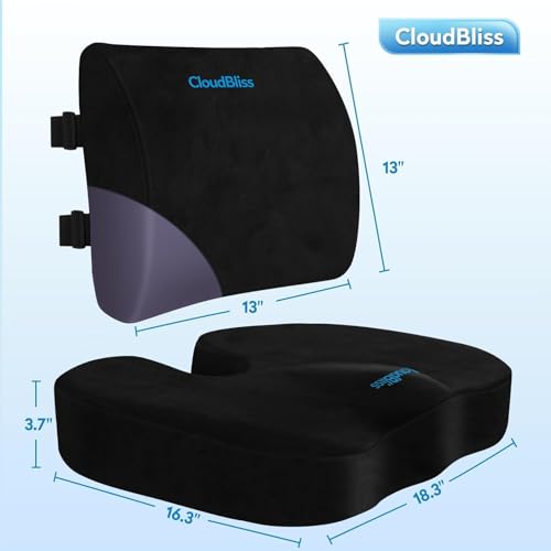 CloudBliss Lumbar Support Pillow & Seat Cushion Set for Office Chair, Desk Chair, Wheelchair & Car–Memory Foam Back Support,Ergonomic Chair Cushions,Sciatica Pain Relief,Home Essentials(Black,XL) - Image 2