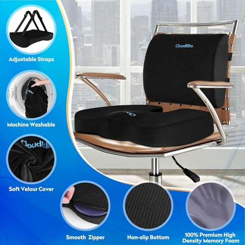 CloudBliss Lumbar Support Pillow & Seat Cushion Set for Office Chair, Desk Chair, Wheelchair & Car–Memory Foam Back Support,Ergonomic Chair Cushions,Sciatica Pain Relief,Home Essentials(Black,XL) - Image 3