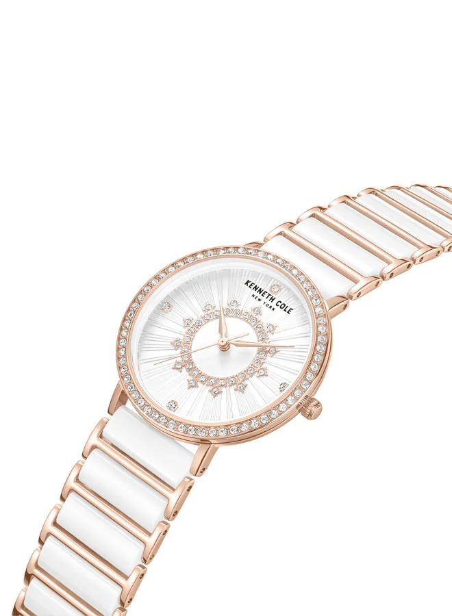 Kenneth Cole New York Kenneth Cole New York 36mm Analog Women's Watch with White Dial & White, Rose Gold Ceramic-Stainless Steel Bracelet