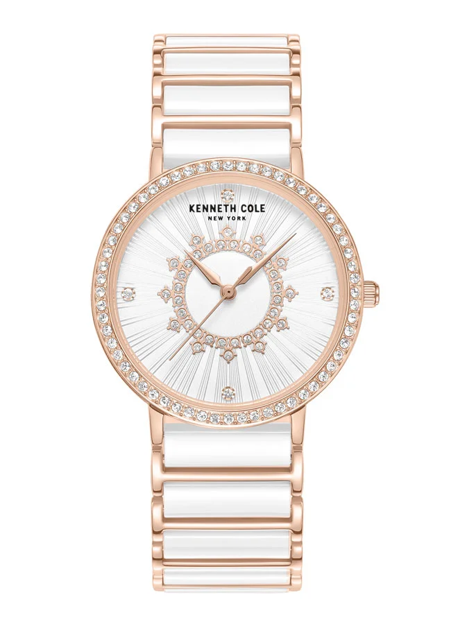 Kenneth Cole New York Kenneth Cole New York 36mm Analog Women's Watch with White Dial & White, Rose Gold Ceramic-Stainless Steel Bracelet