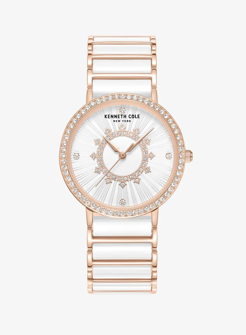 Kenneth Cole New York Kenneth Cole New York 36mm Analog Women's Watch with White Dial & White, Rose Gold Ceramic-Stainless Steel Bracelet