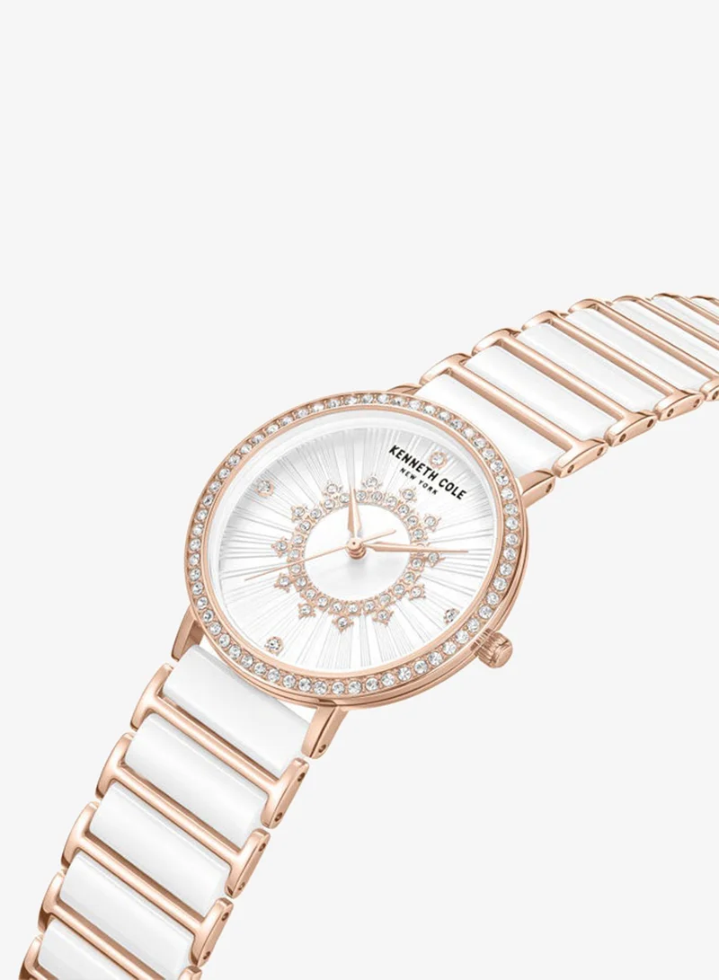 Kenneth Cole New York Kenneth Cole New York 36mm Analog Women's Watch with White Dial & White, Rose Gold Ceramic-Stainless Steel Bracelet