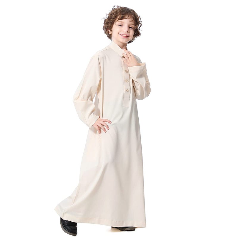 OBEEII Muslim Boys Round Collar Long Sleeves Thobe Suit Islamic Arabic Abaya Thobe Beige 1314 Years