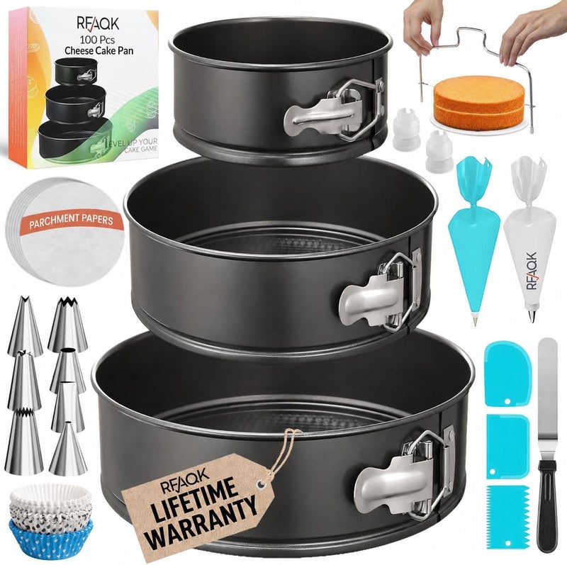 RFAQK Springform pan set leakproof - Cake Pan Set-3 Round Baking Pans (4"/7"/9") Inch - Non-Stick Bakeware Mold- Cheesecake Pan with Removable Bottom- Cake leveler, Icing tips & E-book - Image 1