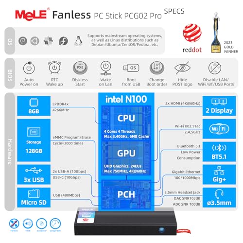 Mele جهاز كمبيوتر ميني بدون مروحة MeLE Stick PC PCG02 Pro، N100 8GB/128GB، كمبيوتر ميني مزدوج HDMI، 4266MHz LPDDR4، واي فاي 5 إيثرنت جيجابت، Type-C PD3.0، تصميم مدمج SFF للأعمال، المكتب، الصناعة، المنزل - Image 3