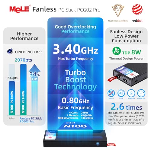 Mele جهاز كمبيوتر ميني بدون مروحة MeLE Stick PC PCG02 Pro، N100 8GB/128GB، كمبيوتر ميني مزدوج HDMI، 4266MHz LPDDR4، واي فاي 5 إيثرنت جيجابت، Type-C PD3.0، تصميم مدمج SFF للأعمال، المكتب، الصناعة، المنزل - Image 4