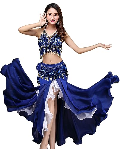 ORIDOOR Women's Belly Dance Dress Belly Crop Top Bra Top and Belt Chiffon Dancing Split Skirt Costume 3-Piece Outfit, Royal Blue, One Size - Image 1