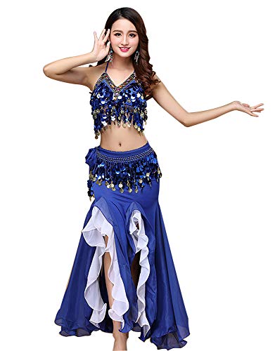 ORIDOOR Women's Belly Dance Dress Belly Crop Top Bra Top and Belt Chiffon Dancing Split Skirt Costume 3-Piece Outfit, Royal Blue, One Size - Image 5