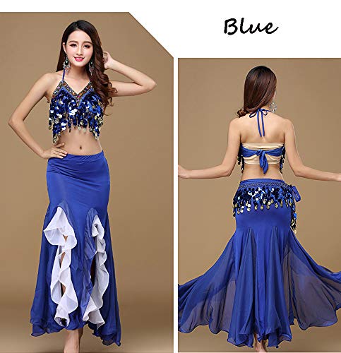 ORIDOOR Women's Belly Dance Dress Belly Crop Top Bra Top and Belt Chiffon Dancing Split Skirt Costume 3-Piece Outfit, Royal Blue, One Size - Image 4