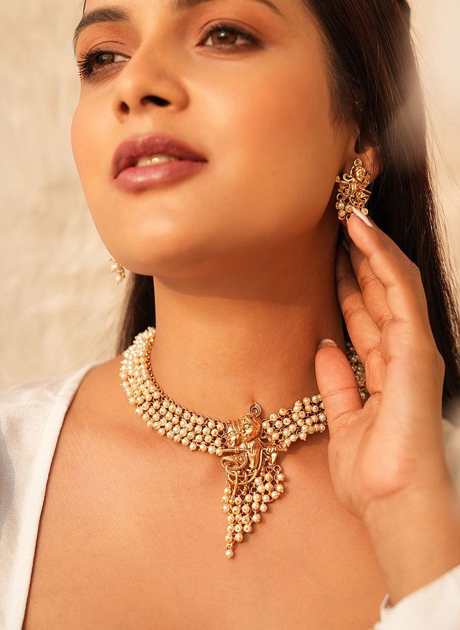 Binnis Wardrobe Gold Plated Radha Krishna Pearl Beaded Necklace With Earrings - Image 1