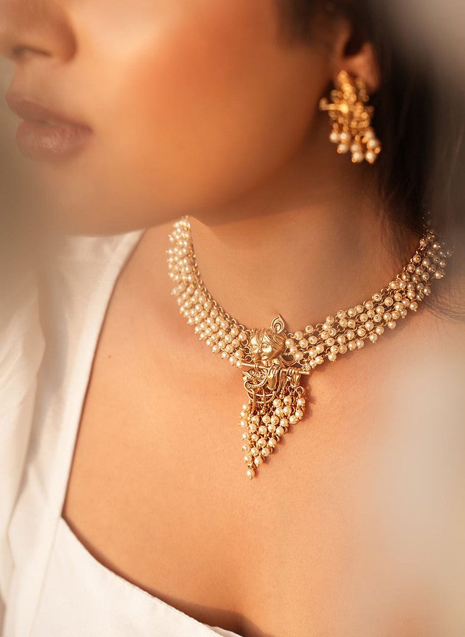 Binnis Wardrobe Gold Plated Radha Krishna Pearl Beaded Necklace With Earrings - Image 4