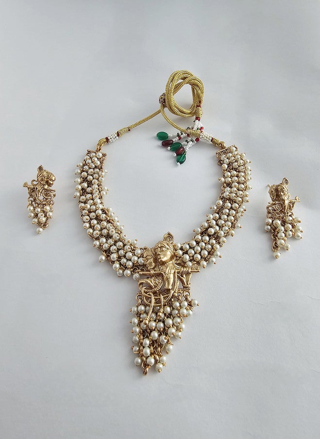 Binnis Wardrobe Gold Plated Radha Krishna Pearl Beaded Necklace With Earrings - Image 2