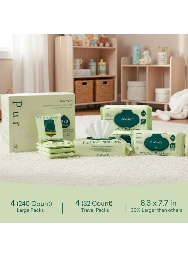 PurComfy Baby Wipes Unscented, 4 Flip-Top Packs + 4 Travel Pack 99.9% Water Wipes with Plant Based, Hypoallergenic for Sensitive Newborn Skin, Total 272 Count Wet Wipes - Image 2