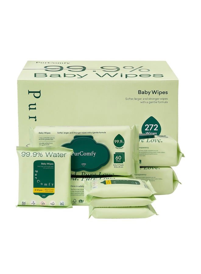 PurComfy Baby Wipes Unscented, 4 Flip-Top Packs + 4 Travel Pack 99.9% Water Wipes with Plant Based, Hypoallergenic for Sensitive Newborn Skin, Total 272 Count Wet Wipes - Image 1