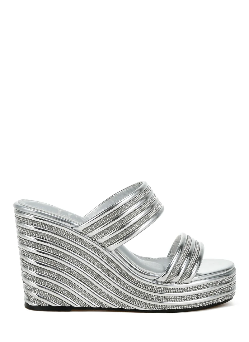 London Rag Metallic Faux Leather Wedge Sandals in Silver