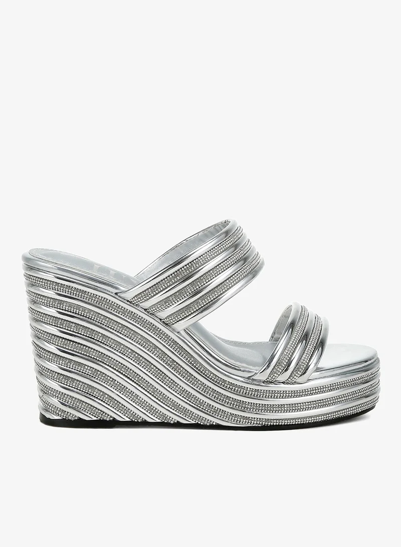 Metallic Faux Leather Wedge Sandals in Silver