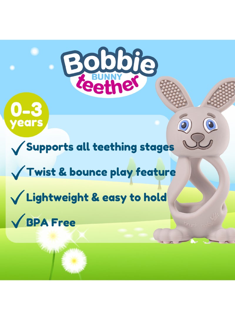 برش بيبي لعبة التسنين **Bobbie Bunny** على شكل أرنب، باللون الرمادي الكابتشينو – لعبة تسنين ممتعة وتفاعلية وحسية للأطفال من عمر 0 إلى 3 سنوات – خالية من مادة BPA، مصنوعة من سيليكون ناعم – لتهدئة اللثة ودعم تطور الفم. - Image 3