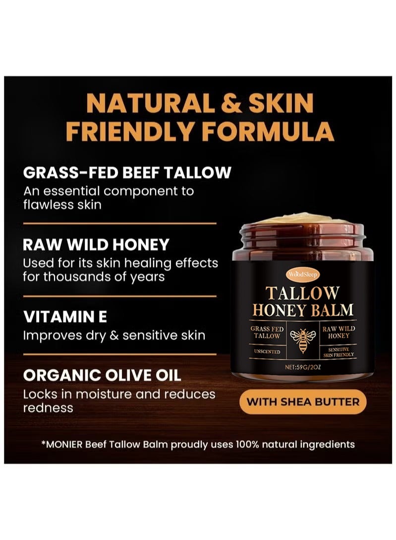 وودسليب Tallow and Honey Balm for Face, Beef Tallow for Skin, Moisturizer with 100% Organic Grass-Fed Beef Tallow & Raw Wild Honey - Natural Formula for Dry & Sensitive Skin (59g) - Image 2