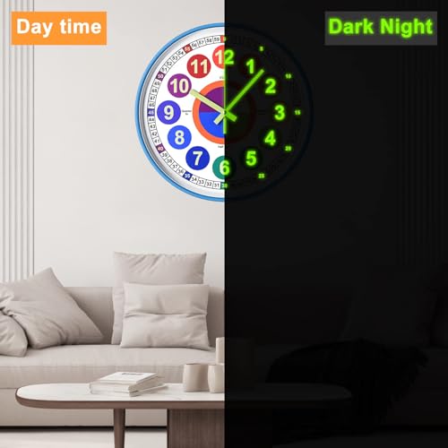 DORBOKER Learning Clock for Kids, Glow in The Dark Wall Clock for Bedroom, 12 Inch Silent Night Light Kids Wall Clock, Colorful Illuminated Telling Time Teaching Clock,Kids Room Decor - Image 2