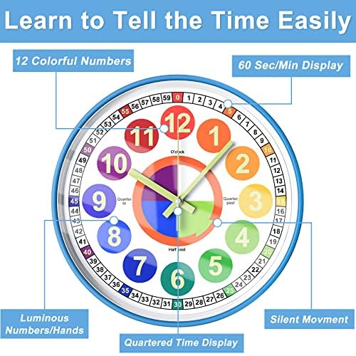 DORBOKER Learning Clock for Kids, Glow in The Dark Wall Clock for Bedroom, 12 Inch Silent Night Light Kids Wall Clock, Colorful Illuminated Telling Time Teaching Clock,Kids Room Decor - Image 3
