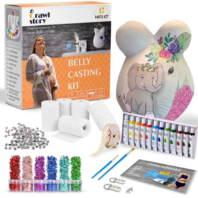Crawl Story Belly Casting Kit for Pregnant Women | Complete DIY Keepsake with Plaster Cloth Roll, 12 Acrylic Paints, Sparkles, Crystals & Hanging Hardware | Baby Shower Gift, Deluxe Paint Casting Kit - Image 1