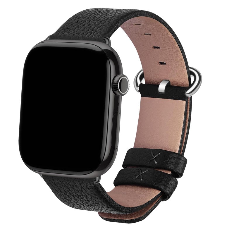 Fullmosa Leather Bands Compatible with Apple Watch Band 49mm 46mm 45mm 44mm 42mm for Men Women, Top Grain Genuine Leather Strap for iWatch Series 11/10/9/8/7/6/5/4/3/2/1,Ultra3/2/1,SE3/2/1 Black/Silver - Image 1