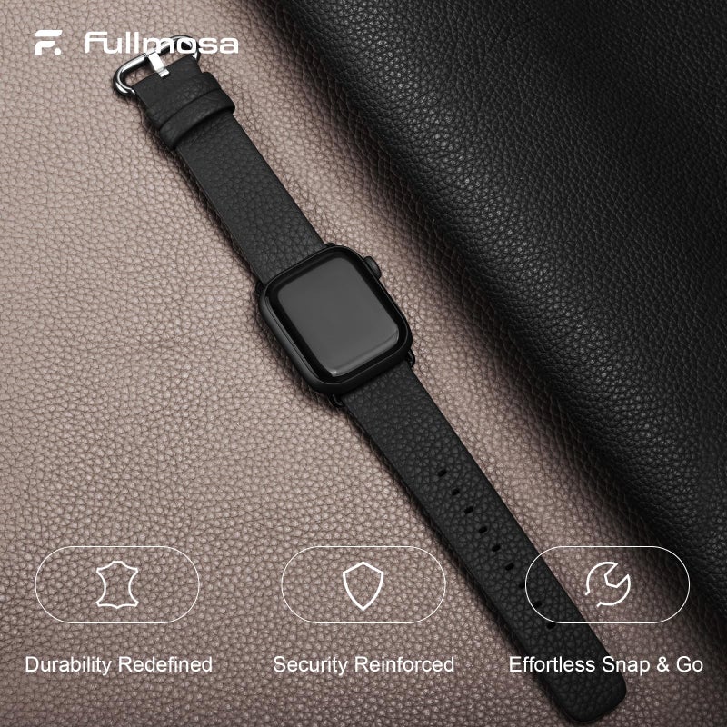 Fullmosa Leather Bands Compatible with Apple Watch Band 49mm 46mm 45mm 44mm 42mm for Men Women, Top Grain Genuine Leather Strap for iWatch Series 11/10/9/8/7/6/5/4/3/2/1,Ultra3/2/1,SE3/2/1 Black/Silver - Image 2