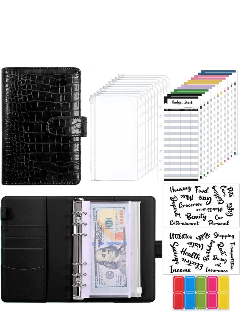 SYOSI Budget Binder with 8pcs Cash Envelopes for Budgeting, Crocodile Pattern A6 Binder with 2Pcs Label Stickers and 12Pcs Expense Trackers Money Organizer for Cash for Saving Binder(Black)  - Image 1