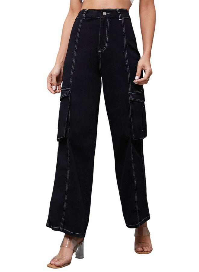 مس تشايس بنطلون جينز نسائي واسع الساق بخصر عالٍ وطول عادي قابل للتمدد من Miss Chase (مقاسات كبيرة) (MCSS24DEN79-02-348-30، أسود فاحم، 30) - Image 1