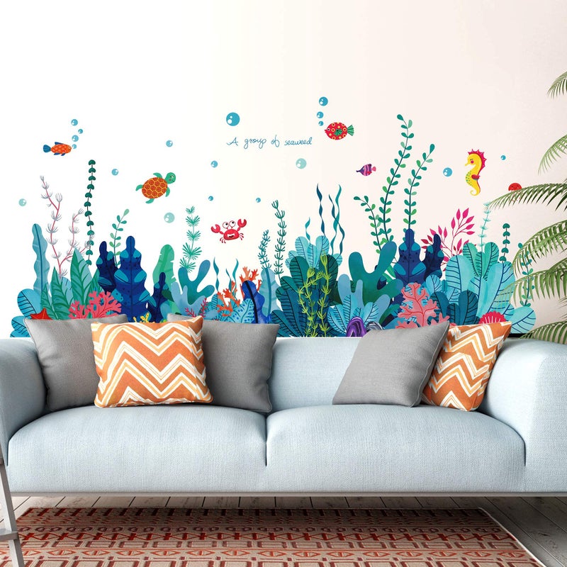 RAINBOW WSK Removable 3D Under The Sea View Grass Wall Decal  DIY Ocean Coral Seaweed Stickers Murals  Peel and Stick Home Decor for Kids Bedroom Bathroom Girl Nursery Corner Decoration