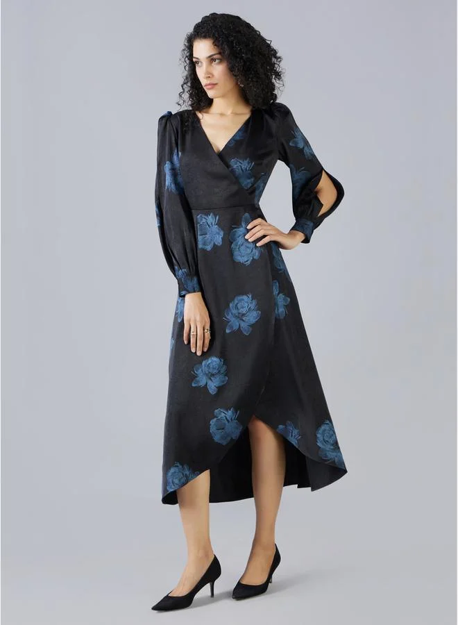 Mish Floral Print Wrap Front Midi Dress with Slit Sleeves by Styli