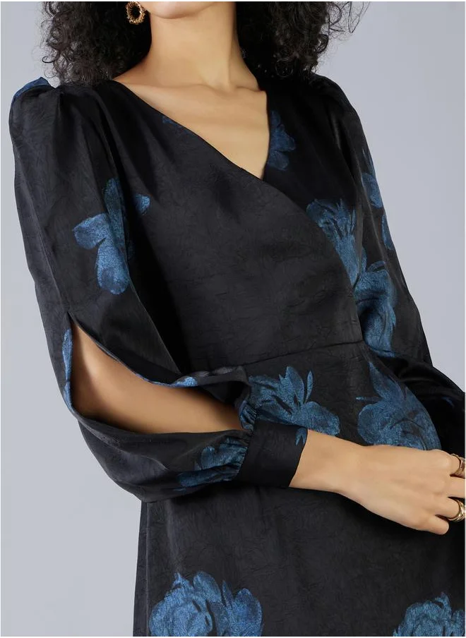 ميش Floral Print Wrap Front Midi Dress with Slit Sleeves