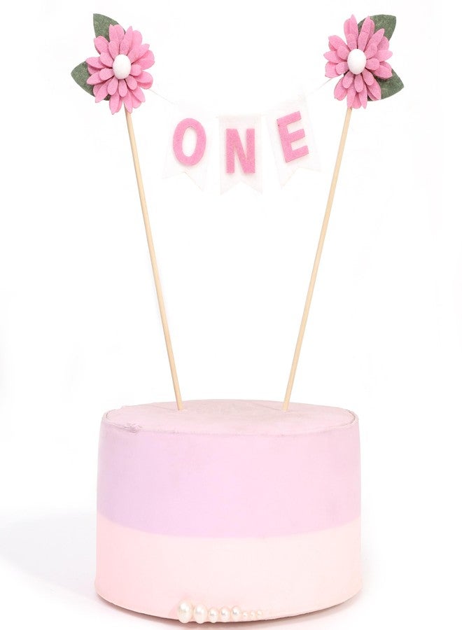 YOUAME Girls First Year Birthday Cake Topper -Felt Daisy ONE Cake Decorations, First Birthday Topper With Flowers, Felt Flags Cake Banner, Pink Floral Birthday Party Photo Props - Image 1