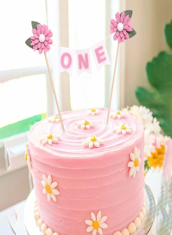 YOUAME Girls First Year Birthday Cake Topper -Felt Daisy ONE Cake Decorations, First Birthday Topper With Flowers, Felt Flags Cake Banner, Pink Floral Birthday Party Photo Props - Image 3